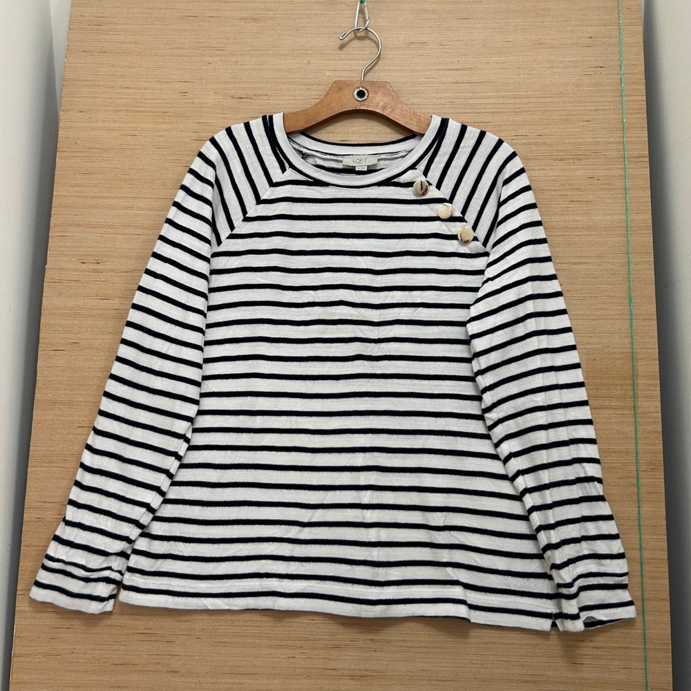 Loft Outlet Womens Striped Long Sleeve Button Shoulder Raglan‎ Top White Black M